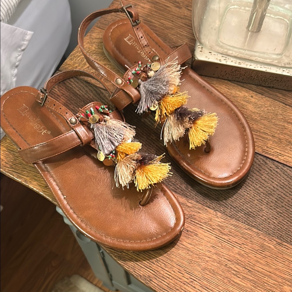 Limelight Gray and Yellow Sandals with Tassels/Bead Embellishments Sz W 7.5